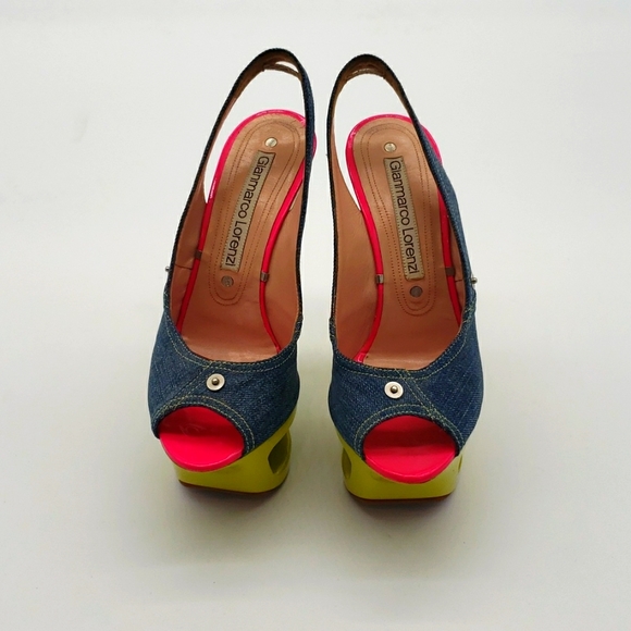 GIANMARCO LORENZI SIZE 39 COLOR BLUE JEANS MATIREAL HOT PINK AND LIME GREEN - Picture 11 of 12